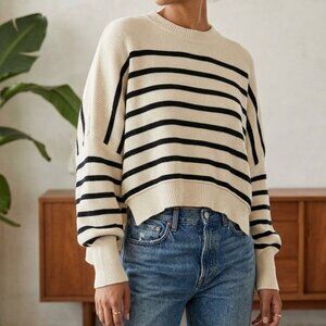 TFY Collection Striped Knit Sweater Size M Cream Black Oversized Cozy Pullover